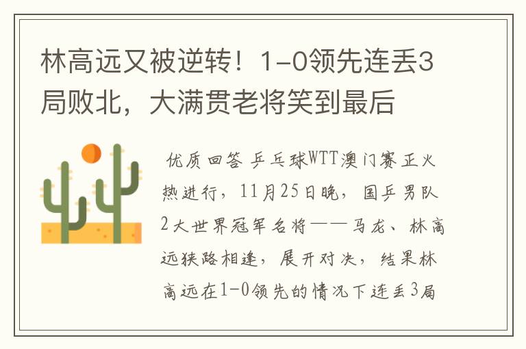 林高远又被逆转!1-0领先连丢3局败北,大满贯老将笑到最后
