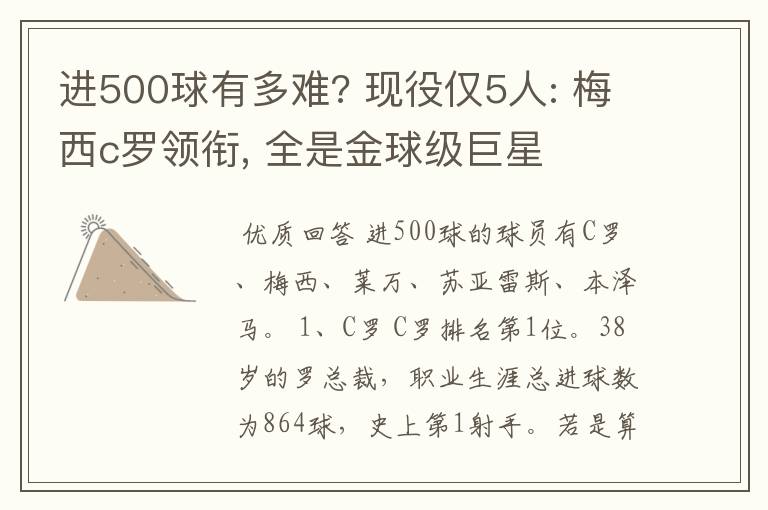 进500球有多难? 现役仅5人: 梅西c罗领衔, 全是金球级巨星