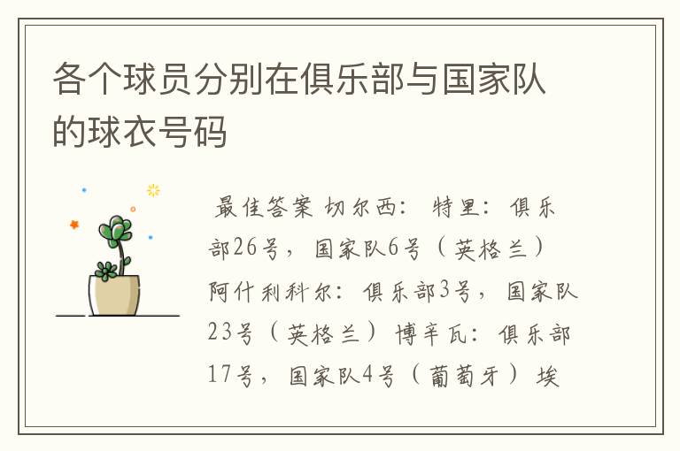 各个球员分别在俱乐部与国家队的球衣号码