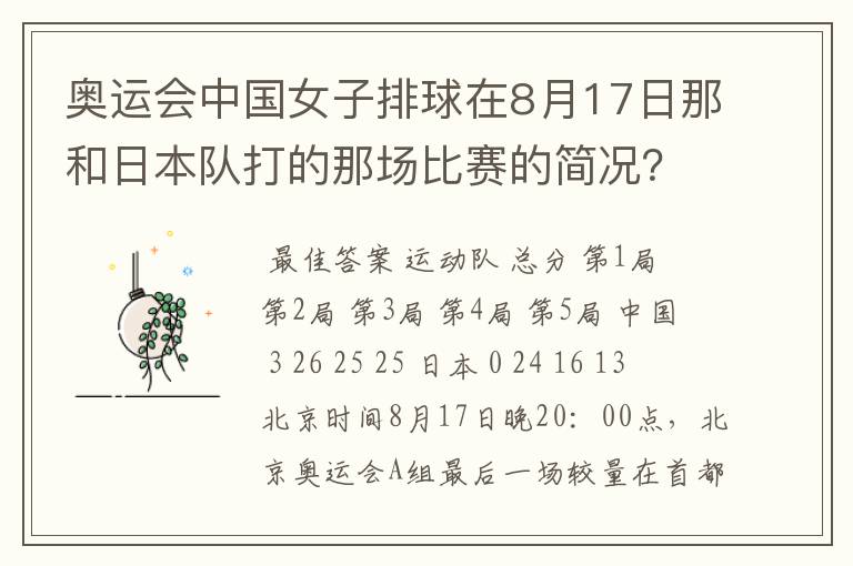 奥运会中国女子排球在8月17日那和日本队打的那场比赛的简况?