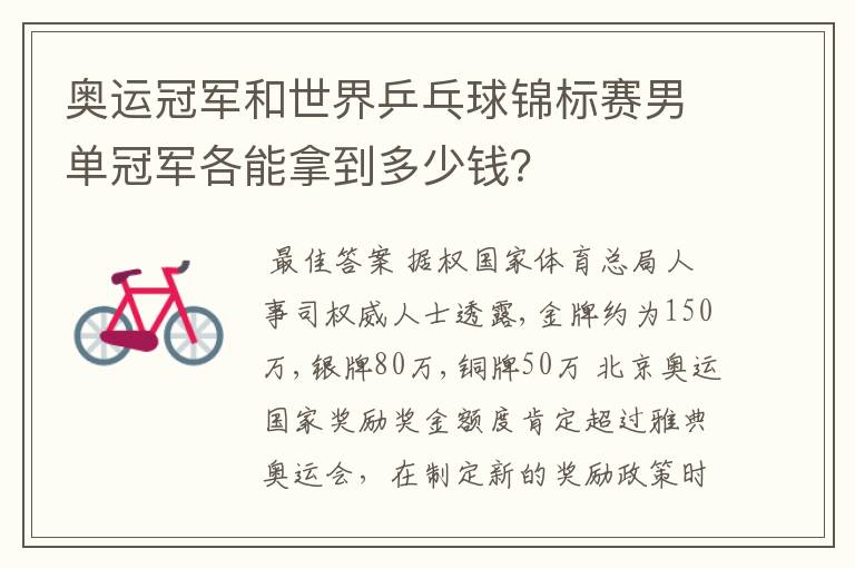 奥运冠军和世界乒乓球锦标赛男单冠军各能拿到多少钱?