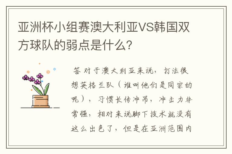 亚洲杯小组赛澳大利亚VS韩国双方球队的弱点是什么?