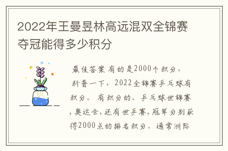 2022年王曼昱林高远混双全锦赛夺冠能得多少积分