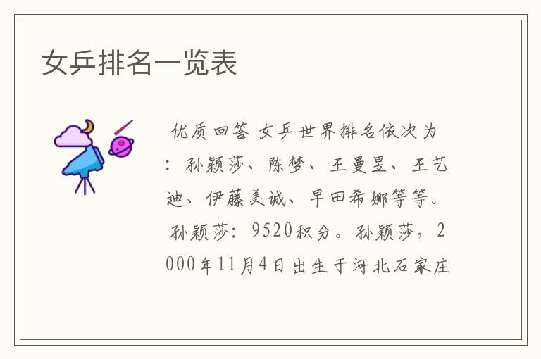 女乒排名一览表