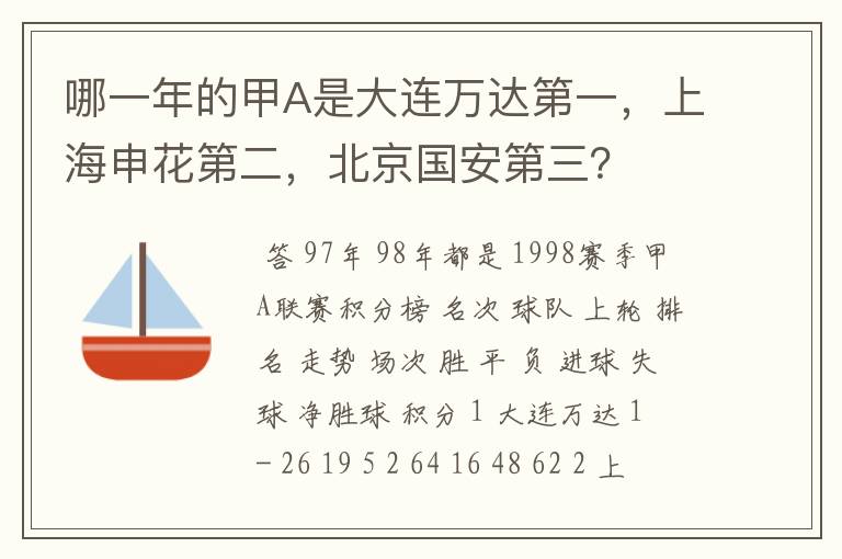 哪一年的甲A是大连万达第一，上海申花第二，北京国安第三？