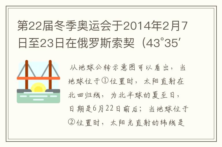 第22届冬季奥运会于2014年2月7日至23日在俄罗斯索契(43°35′N,39°43′E)成功举行,读图回答1-2题.1