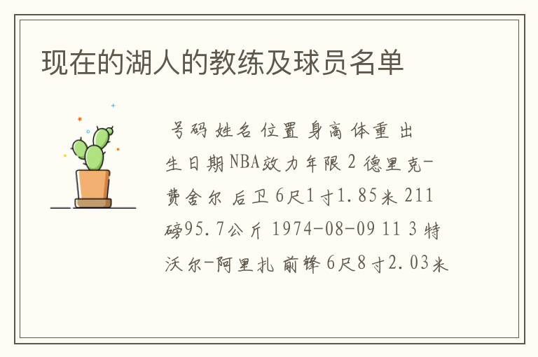 现在的湖人的教练及球员名单