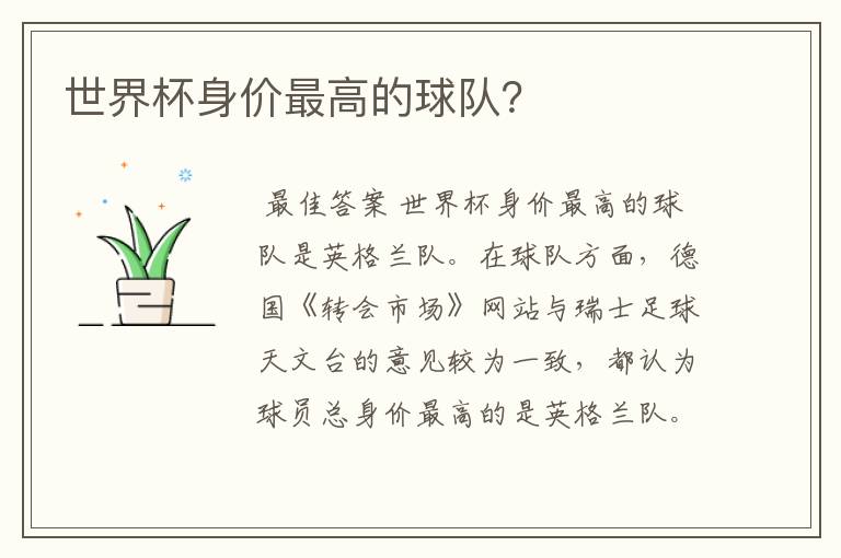世界杯身价最高的球队?