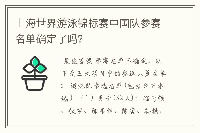 上海世界游泳锦标赛中国队参赛名单确定了吗?