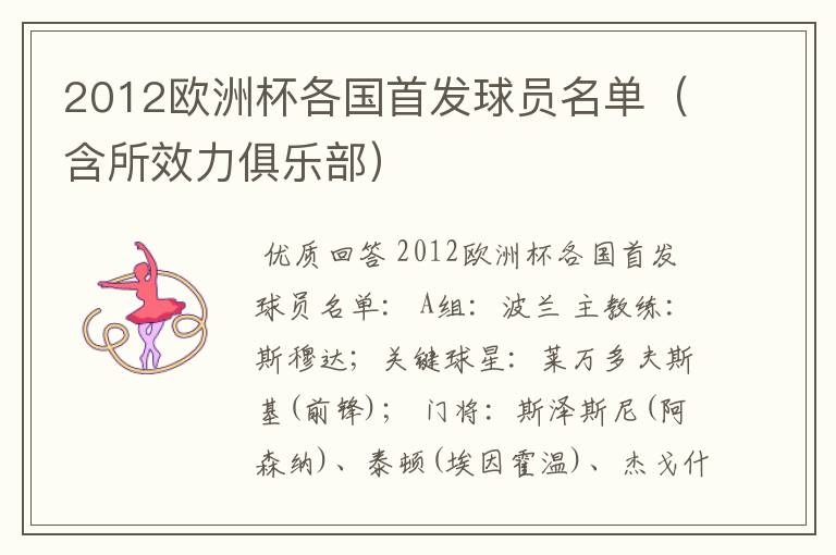 2012欧洲杯各国首发球员名单(含所效力俱乐部)