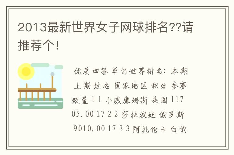 2013最新世界女子网球排名??请推荐个!