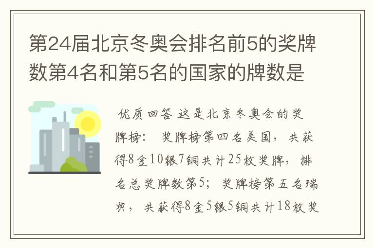 第24届北京冬奥会排名前5的奖牌数第4名和第5名的国家的牌数是多少?