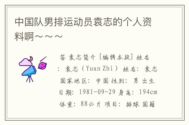 中国队男排运动员袁志的个人资料啊~~~