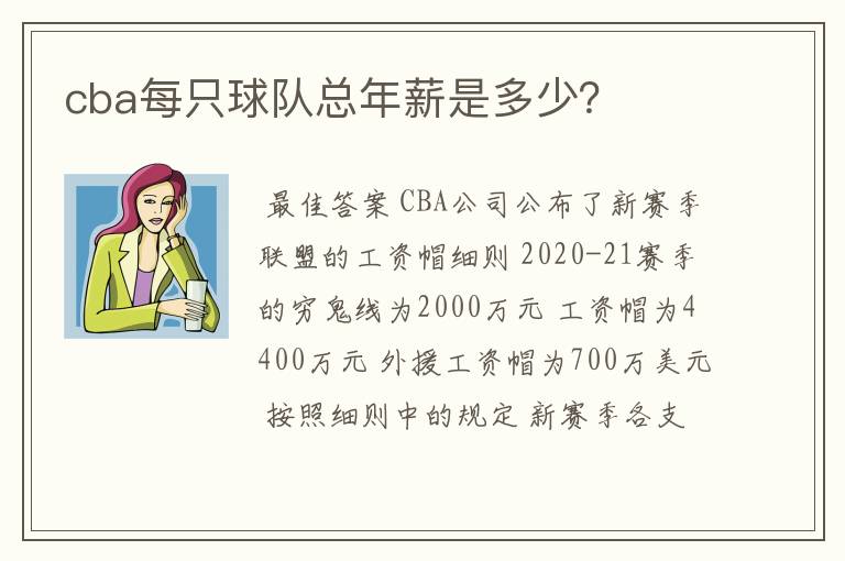 cba每只球队总年薪是多少?