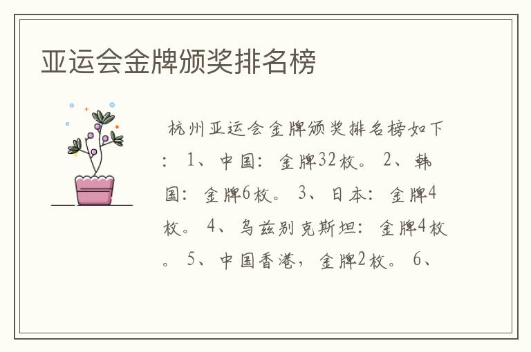 亚运会金牌颁奖排名榜