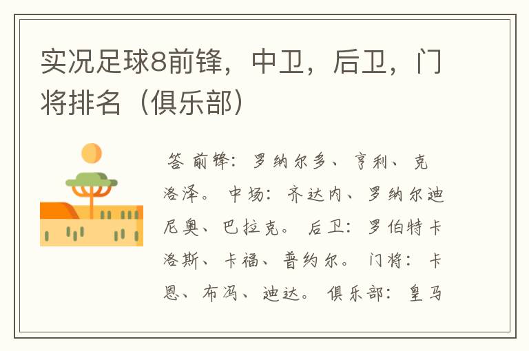 实况足球8前锋,中卫,后卫,门将排名(俱乐部)