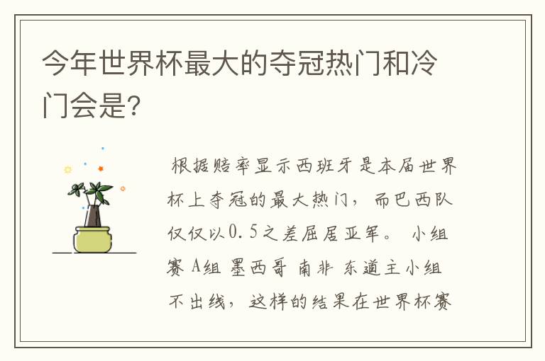 今年世界杯最大的夺冠热门和冷门会是?