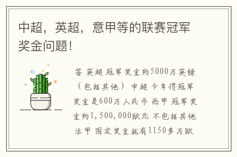 中超,英超,意甲等的联赛冠军奖金问题!
