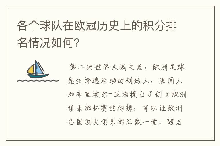 各个球队在欧冠历史上的积分排名情况如何?