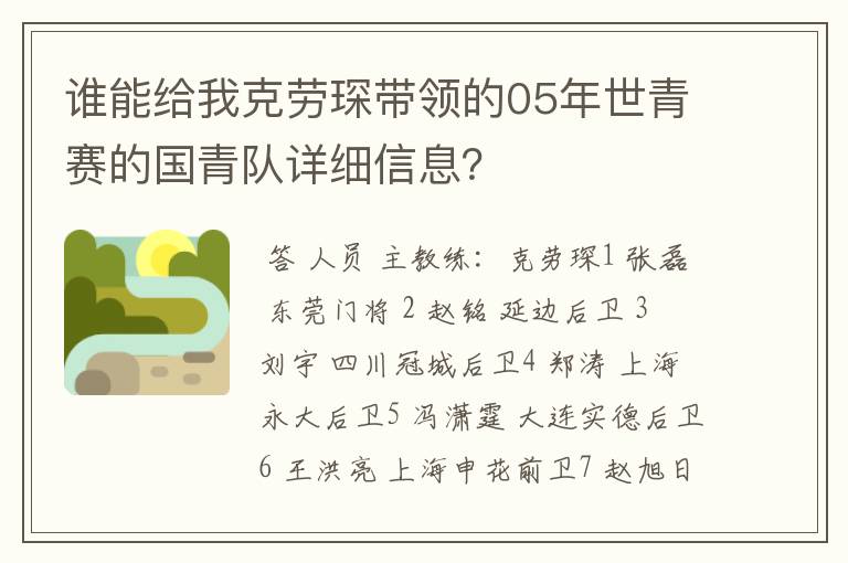 谁能给我克劳琛带领的05年世青赛的国青队详细信息?