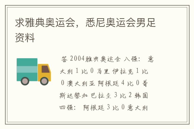 求雅典奥运会,悉尼奥运会男足资料
