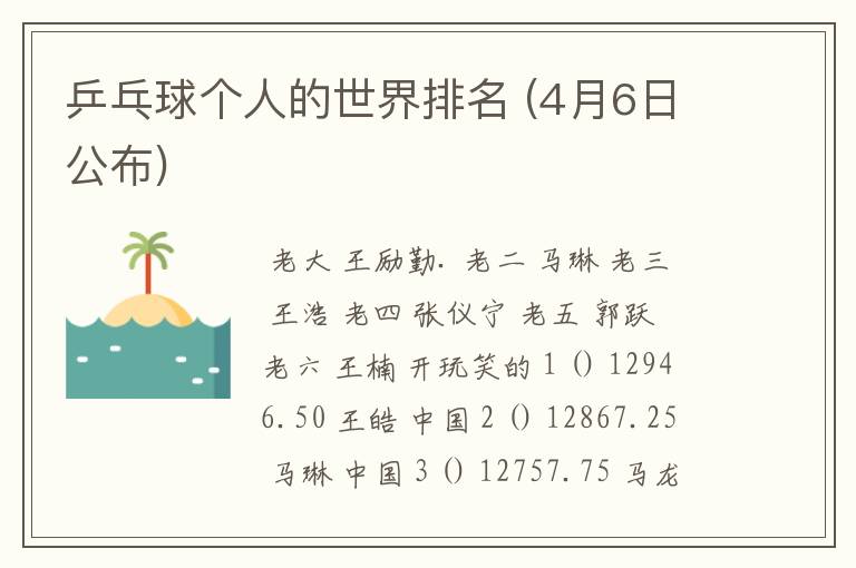 乒乓球个人的世界排名 (4月6日公布)