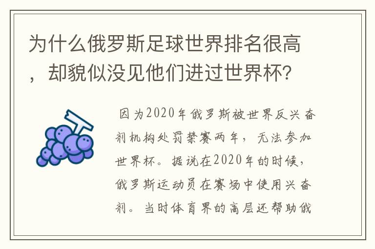为什么俄罗斯足球世界排名很高,却貌似没见他们进过世界杯?