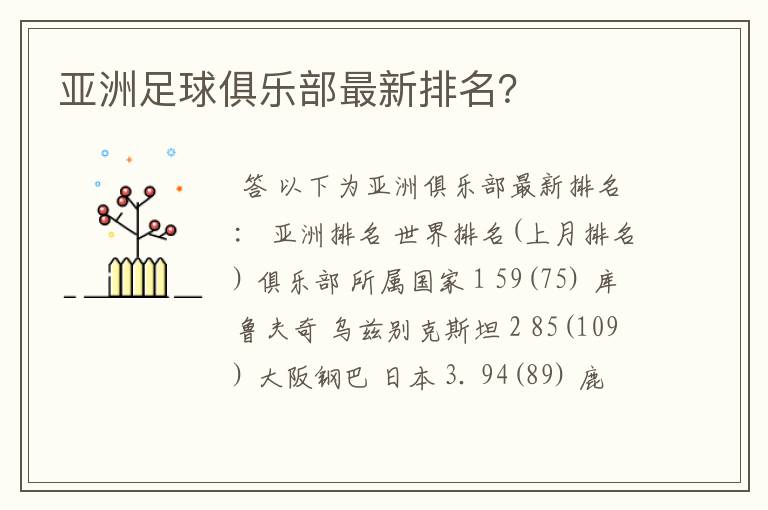 亚洲足球俱乐部最新排名?