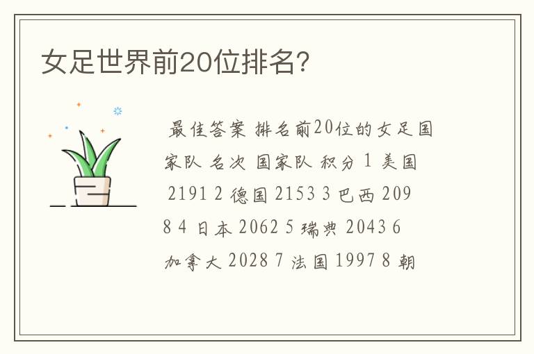 女足世界前20位排名?