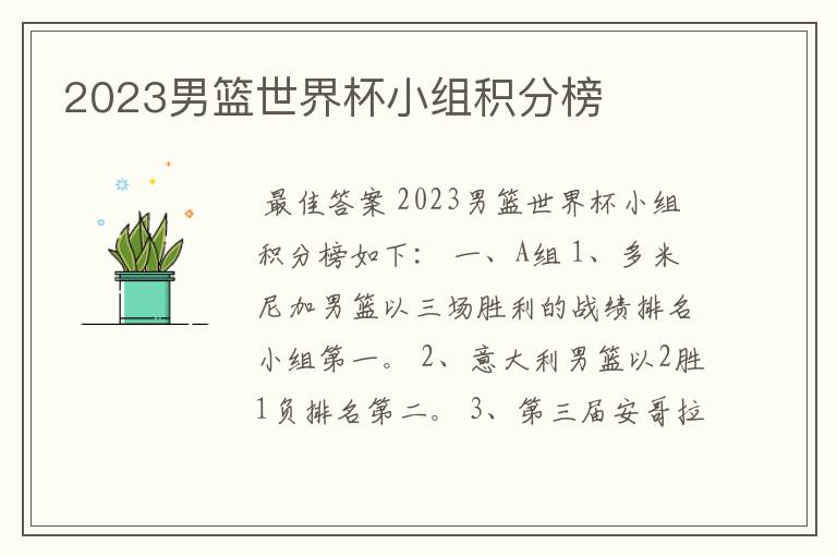 2023男篮世界杯小组积分榜