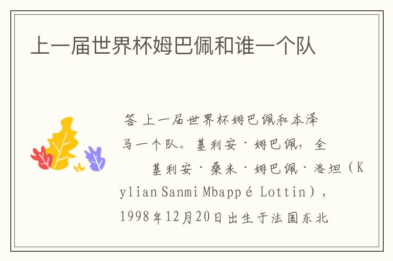 上一届世界杯姆巴佩和谁一个队