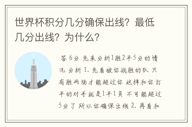 世界杯积分几分确保出线?最低几分出线?为什么?