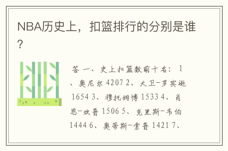 NBA历史上,扣篮排行的分别是谁?