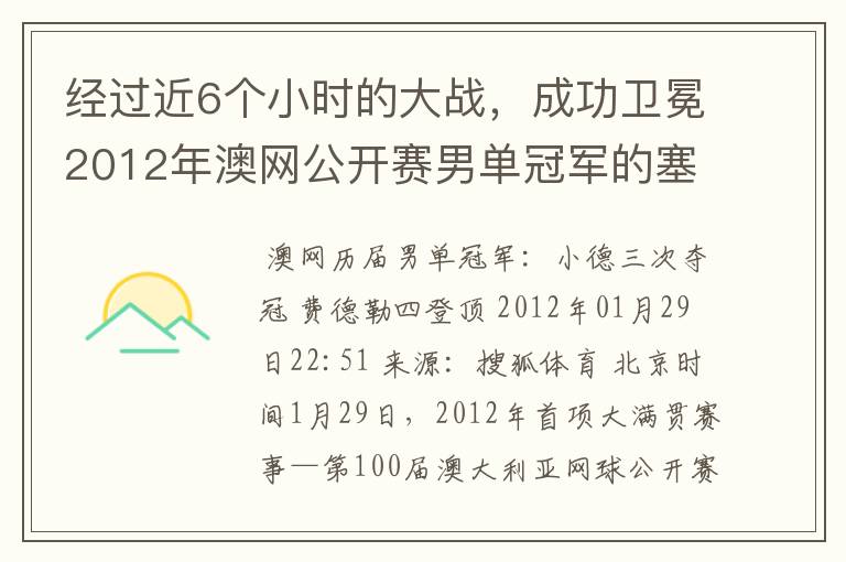 经过近6个小时的大战,成功卫冕2012年澳网公开赛男单冠军的塞尔维亚职业网球运动员是谁?