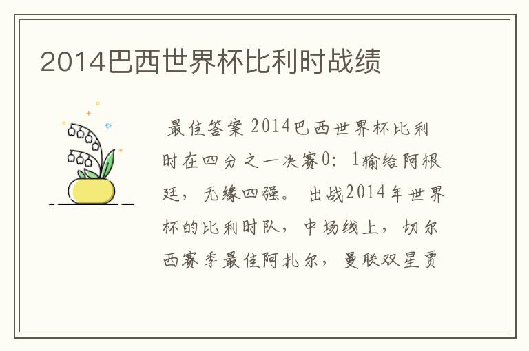 2014巴西世界杯比利时战绩