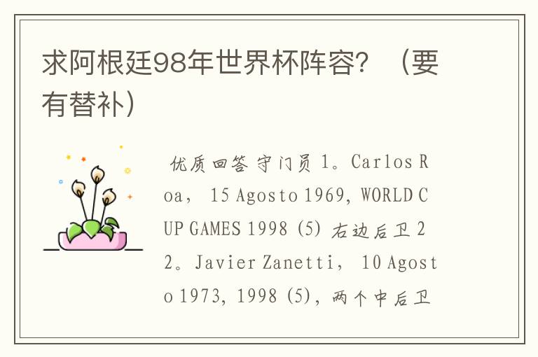 求阿根廷98年世界杯阵容?(要有替补)