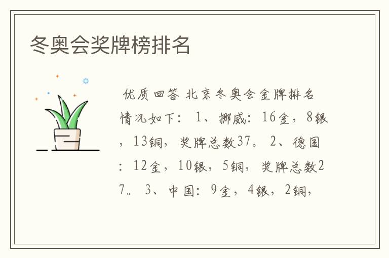 冬奥会奖牌榜排名