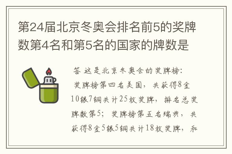 第24届北京冬奥会排名前5的奖牌数第4名和第5名的国家的牌数是多少?