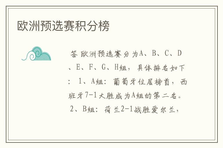 欧洲预选赛积分榜