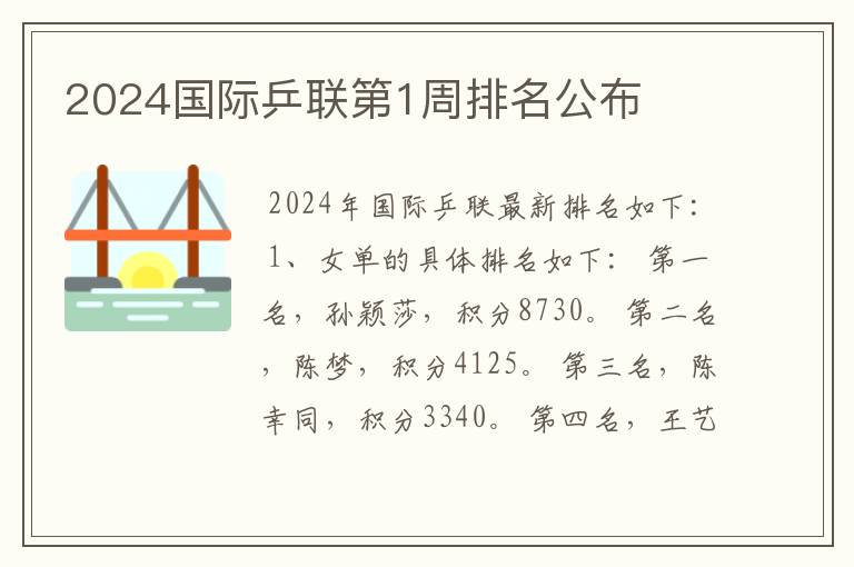 2024国际乒联第1周排名公布