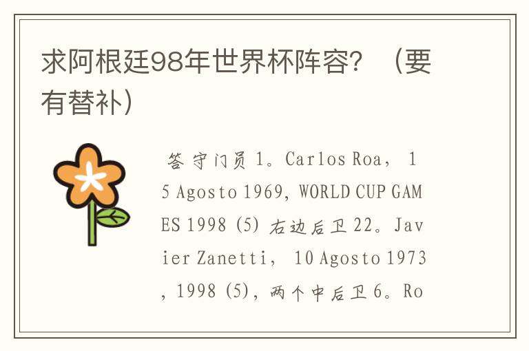求阿根廷98年世界杯阵容?(要有替补)