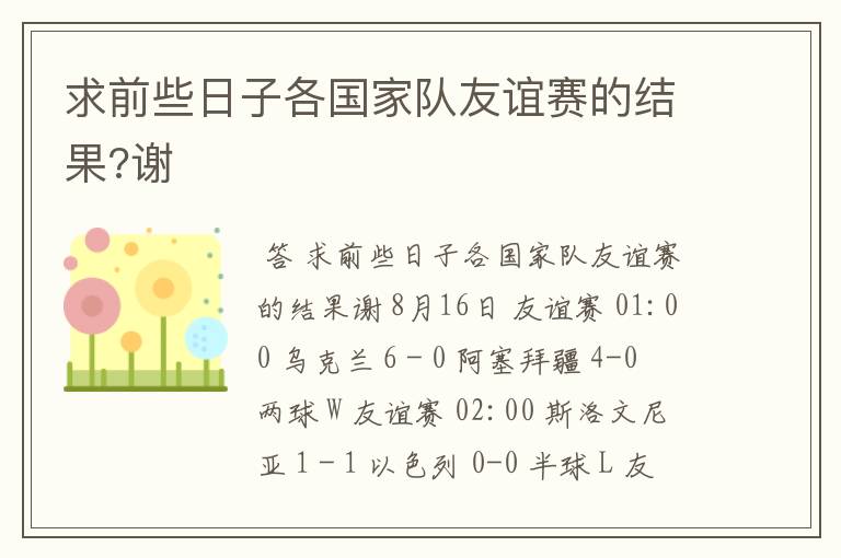 求前些日子各国家队友谊赛的结果?谢