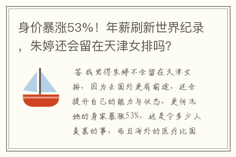 身价暴涨53%!年薪刷新世界纪录,朱婷还会留在天津女排吗?