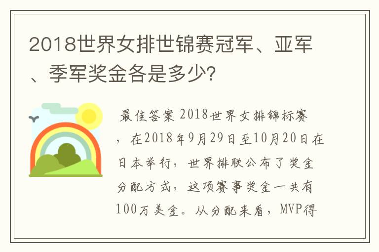 2018世界女排世锦赛冠军、亚军、季军奖金各是多少?