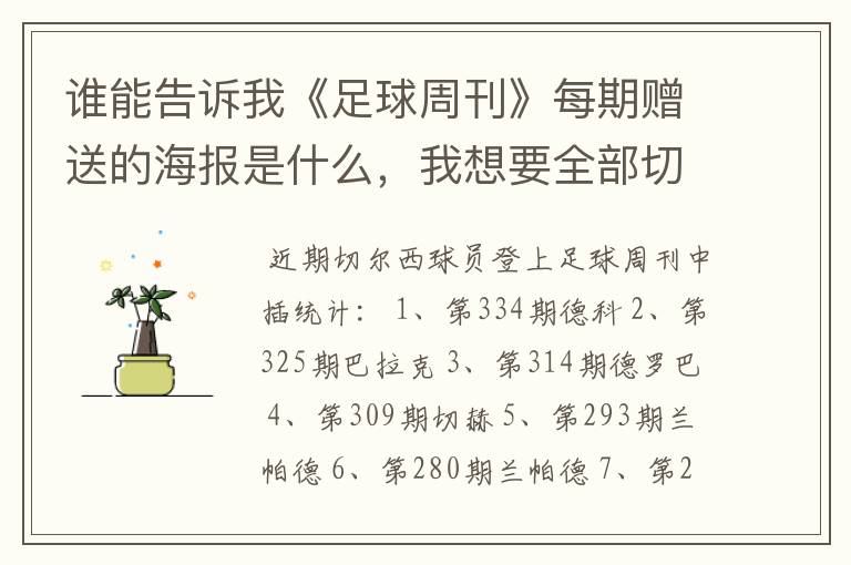 谁能告诉我《足球周刊》每期赠送的海报是什么,我想要全部切尔西的,然后在网上定~~