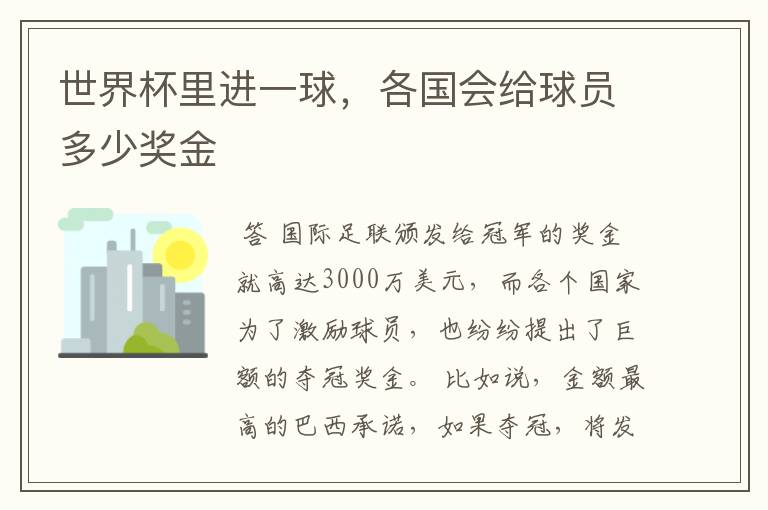 世界杯里进一球,各国会给球员多少奖金