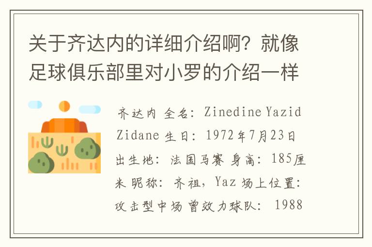 关于齐达内的详细介绍啊?就像足球俱乐部里对小罗的介绍一样,要从幼年开始的特别是他的坎坷的那一段