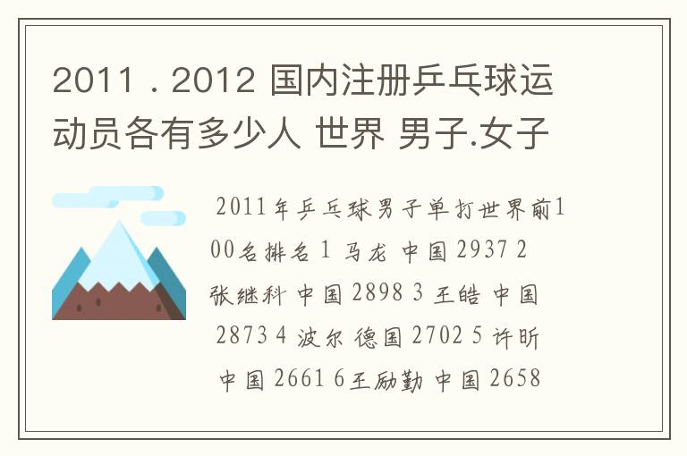 2011 . 2012 国内注册乒乓球运动员各有多少人 世界 男子.女子 排名前100的名单