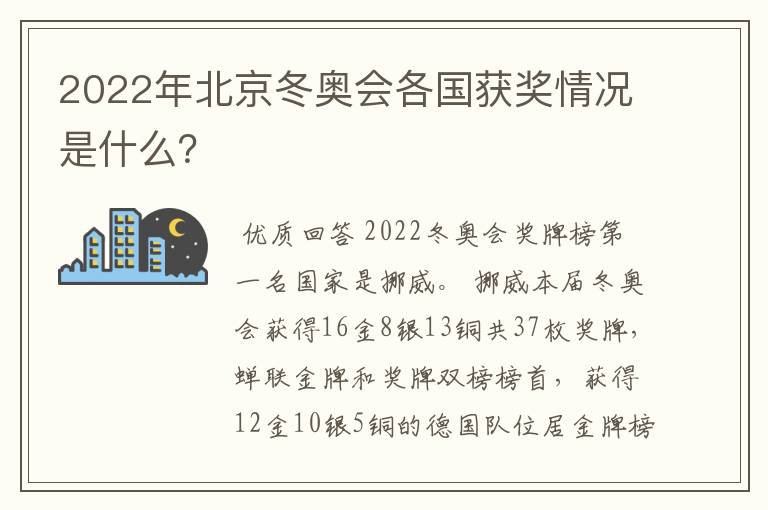 2022年北京冬奥会各国获奖情况是什么?