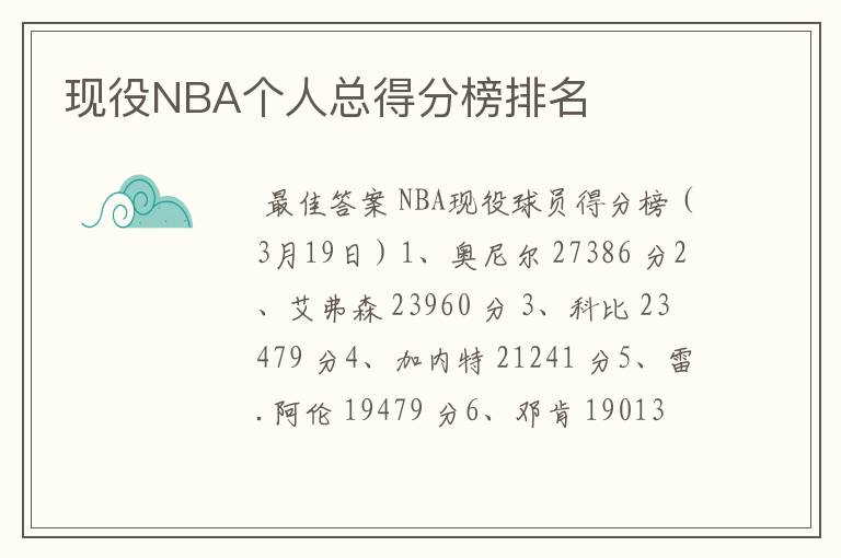 现役NBA个人总得分榜排名